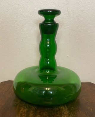 Vintage Mcm Italian Hand Blown Green Art Glass Decanter Bottle & Stopper - 11.  5 "