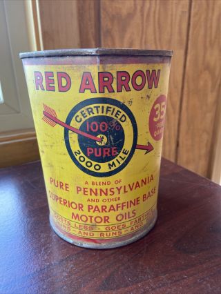 Vintage Red Arrow Certified 100 Pure 2000 Mile Motor Oil 1 Quart Can Empty