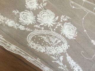 Antique Tambour Lace Curtain - V.  Long Length - Cream Flowers