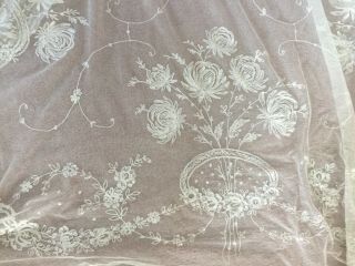 Antique tambour lace curtain - v.  long length - cream flowers 3