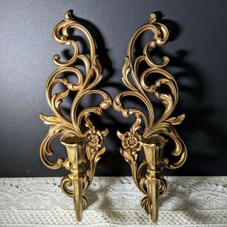 2 Vintage Syroco Ornate Gold Tone Arm Candle Wall Sconces Hollywood Regency