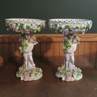2 Vintage Dresden Style Porcelain Compotes With Cherubs