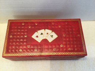 Vintage Made In Italy Red Leather Playing Cards Box