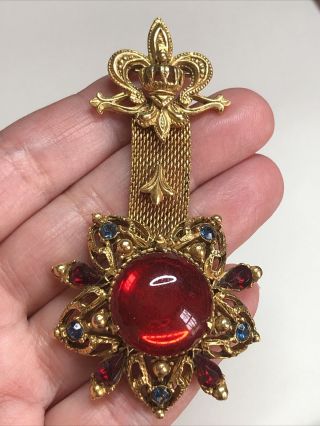 Vintage Florenza Red Glass Faux Pearl Fleur De Lis Gold Mesh Dangle Brooch Pin