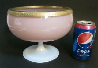 Vintage French Opaline Pink White Glass Gold Ormolu Pedestal Footed Bowl Compote