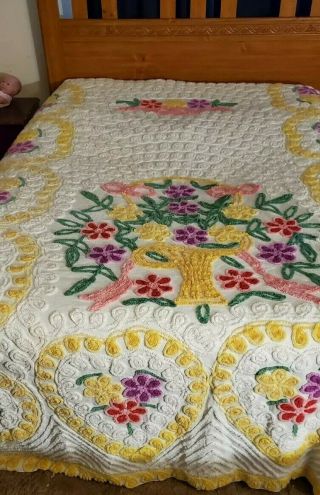 Vintage Chenille Bedspread Flower Basket & Hearts Queen 102 X 90 Colorful