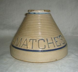 Antique Conical Blue White Salt Glaze Stoneware Match Holder W/ Striker