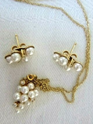 Vintage 14k Gold Pearl & Diamond Cluster Necklace Earring Set 4.  6 Grams Pierced