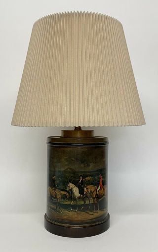 Vintage Fredrick Cooper Equestrian Tea Canister Table Lamp W/ Pleated Shade