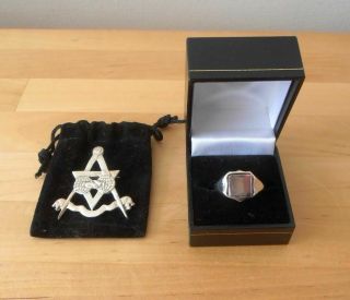 Gents Vintage Masonic Silver Flip Ring & Silver Brooch