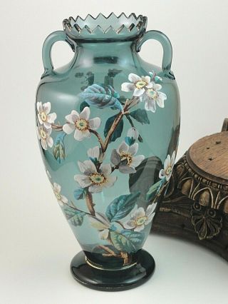 10 " Antique Bohemian Harrach Hand Painted Enamel Apple Blossom Art Glass Vase