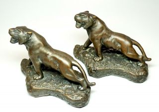 Vintage Bronze Clad Lion Lioness Bookends 6.  75 " Long Armor Bronze Company