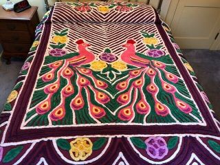 Vintage Purple Cotton Chenille Peacock Bedspread Full/queen Plush