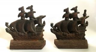 Vintage Pair Pirate Sailing Galleon Ship Boat Nautical Cast Iron Metal Bookends
