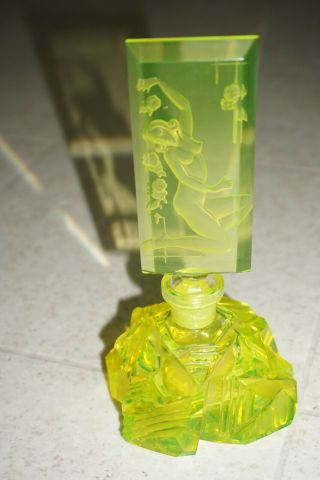 Vintage Vaseline Glass Perfume Bottle Nude Woman Stopper