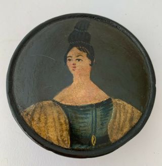 Antique English Hand Painted Lady Portrait Papier Mache Patch/snuff Box 1800 