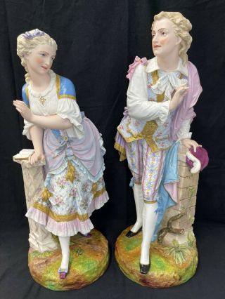 Vion & Baury Large 29 " French Bisque Pair Porcelain Figures Lady Gentleman 1885