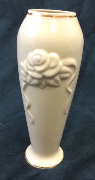 Lenox China Bud Vase Cream Color Embossed Floral Rose Gold Trim 6 "