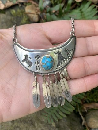 Vintage Native American Southwestern Sterling Silver Feather Turquoise Necklace