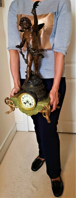 Antique French Onyx & Bronzed Metal Figural Mantel Clock.