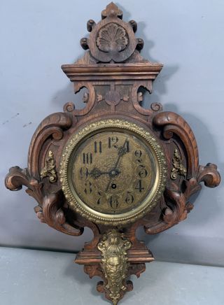 19thc Antique Victorian Figural Brass Ormolu Old Carved Oak Wood Wall Clock
