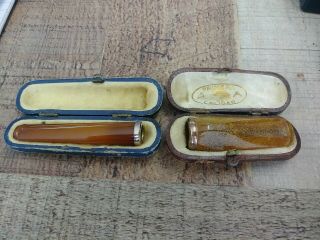 2 Antique Amber Cigarette & Cigar Holder Tip W/ Case & Gold Rim