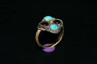 Ancient Roman Gold Finger Ring With 2 Turquoise & Garnet Stone Inlays