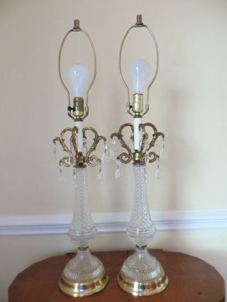 Pair Vintage Hollywood Regency Cut Glass Brass Column Table Lamps With Crystals