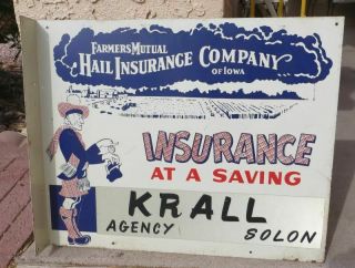 Vintage Farmers Mutual Hail Insurance Company Of Iowa Sign Double Sided " Krall "