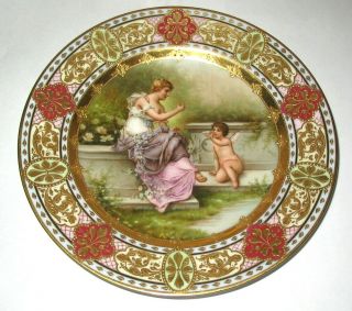 Antique Royal Vienna Hand Painted Porcelain Cabinet Plate,  Jeweled Gilt Signed