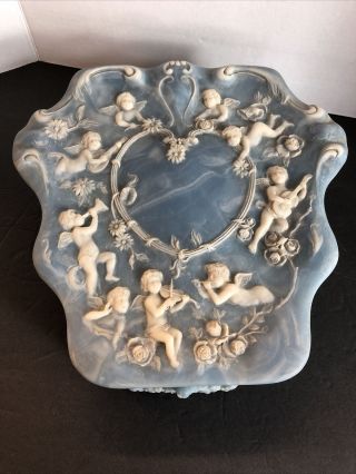 Large Vintage Angels Incolay Blue Stone Jewelry Box Cherubs Musical Instruments