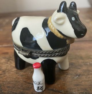 Vintage Black White Cow Hinged Ceramic Trinket Box With Milk Bottle 2.  5x2.  5x1.  5 "