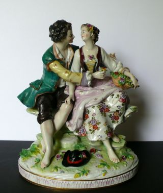 Large German Dresden Volkstedt Porcelain Figurine Romantic Couple Group