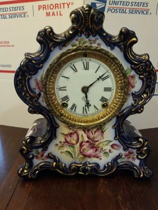 Antique " Ansonia Clock Co.  " York Porcelain Mantel Clock " Waco " Blue Floral