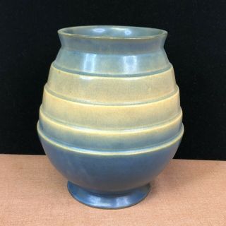 Vintage Blue & Cream Beehive Pottery Vase - 7 1/4 "