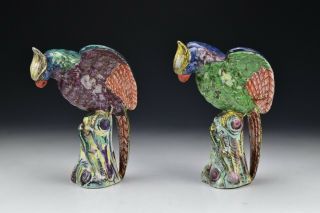 Pair Antique Continental Pottery Parrot Bird Statues Figurines Possibly Chinese