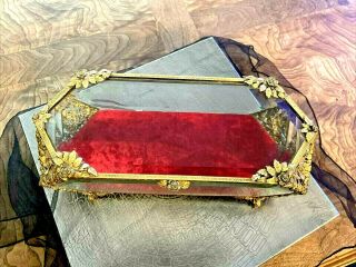 Antique Lrg French Jewelry Casket Box Ormolu Beveled Glass W Victorian Feet