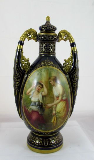 Old Royal Vienna Porcelain Cobalt Blue&gold Artist Signed Hand Painted Vase Urn