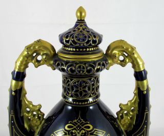Old Royal Vienna Porcelain Cobalt Blue&Gold Artist Signed Hand Painted Vase Urn 2