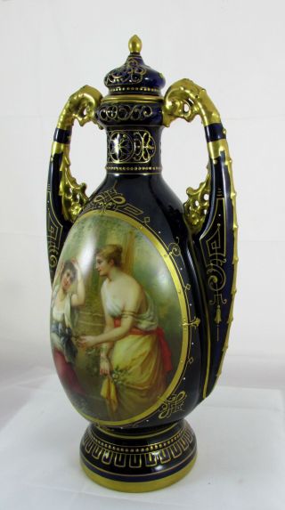 Old Royal Vienna Porcelain Cobalt Blue&Gold Artist Signed Hand Painted Vase Urn 3