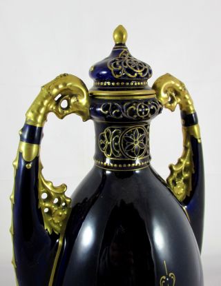 Old Royal Vienna Porcelain Cobalt Blue&Gold Artist Signed Hand Painted Vase Urn 6