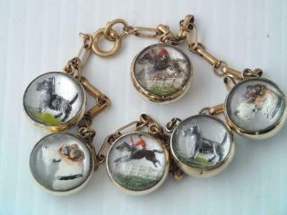 Art Deco Gold Filled Fox Hunting Horse & Dog Glass Intaglio Charm Bracelet