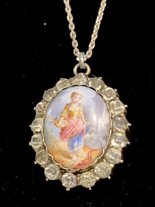 Lovely Antique/victorian Miniature /silver&enamel&paste /pendant With Chain