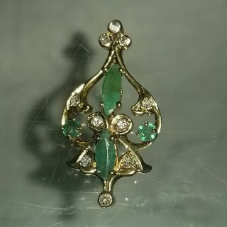 Estate Vintage 14k Gold Emerald And Diamond Necklace Pendant