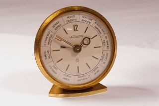 Vintage Lecoultre 8 Days World Time Travel Alarm Gilt Brass Table Clock Ws762