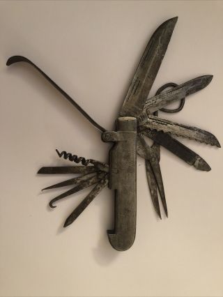 Unusual Antique Vtg Pocket Knife Multi Tool Scissors Corkscrew Combination Tool