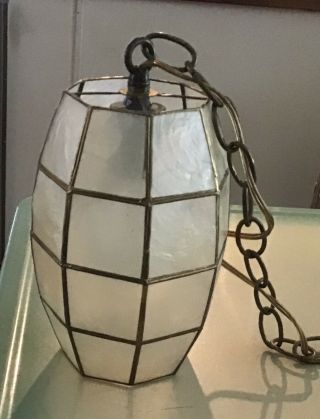 Vtg Capiz Shell Hanging Lantern Pendant Light Chain Triboro Electric Mid Century