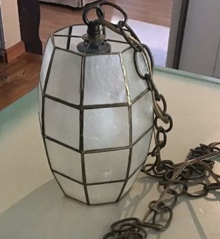 Vtg CAPIZ SHELL Hanging Lantern Pendant Light Chain Triboro Electric Mid Century 4