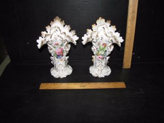 Pair Old Paris Vases With Floral Painting,  Applied Grapes & Flared Tops - 1