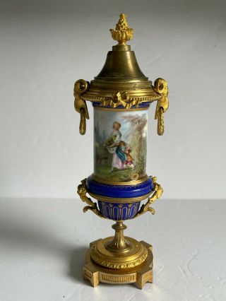 Antique Hand Painted Sevres Porcelain Fire Gilded Bronze Mounted Covered Urn